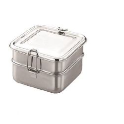 Generic Stainless Steel Square Double Decker Bento Lunch Box, Dimension 14.4 x 14.4 x 8cm
