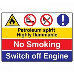 Safety Sign Store CW423-A2PC-01 Petroleum Sprit Highly Flammable No Smoking Switch Of Engine Sign Board